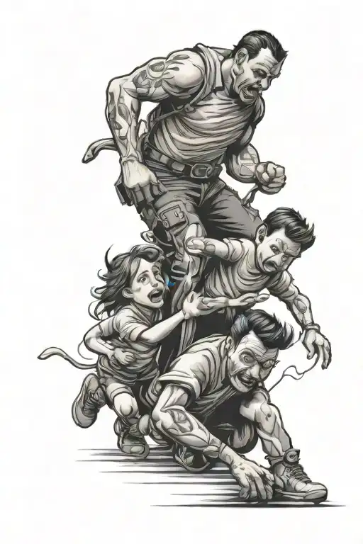 A Father Being Dragged By Two Kids
