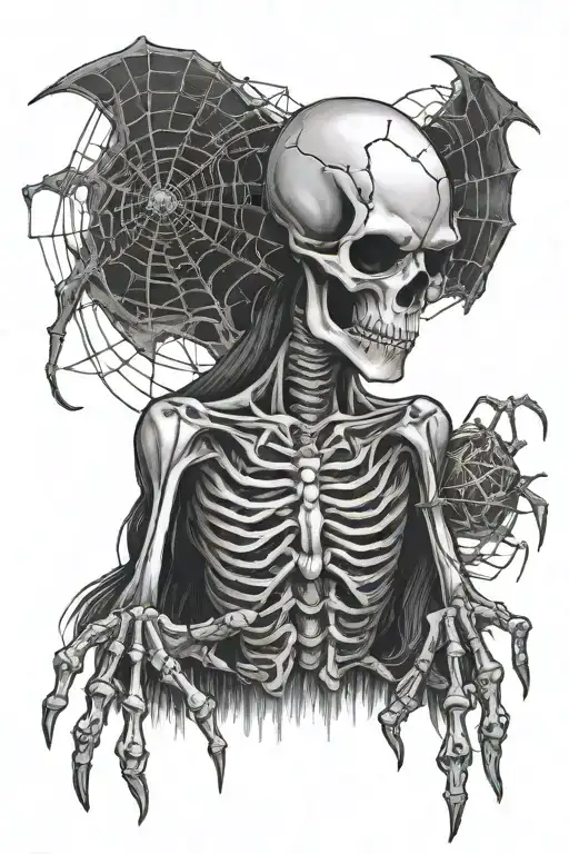 Gothic Alien And Skelton Hand With Spider Webs Surrounding