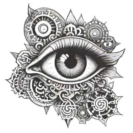 A Black And Grey Tattoo Of A Mystical Eye Surrounded By Intricate Psychedelic Patterns And Symbols