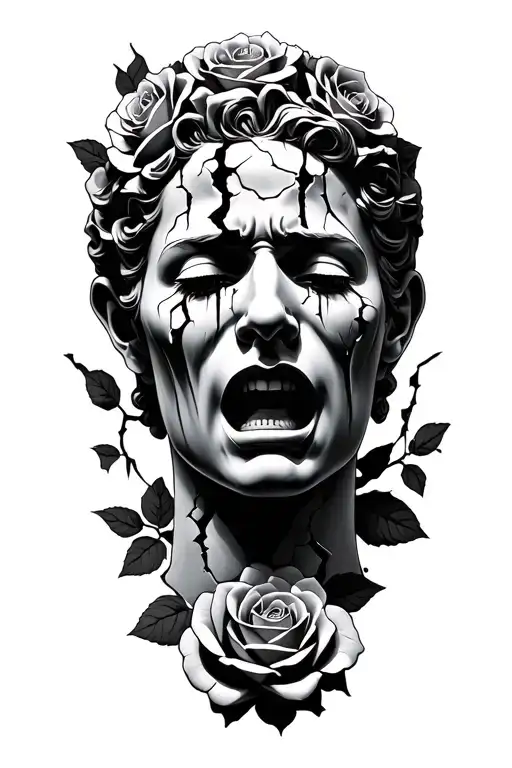 Greak Statue Head Bust Crying Cracked Roses Surrounding