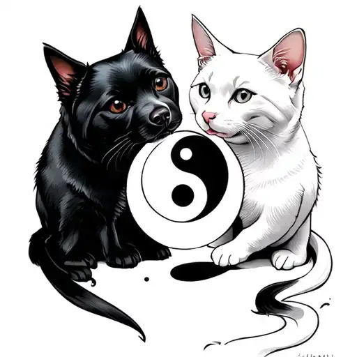 White Cat And Black Dog On Yang Yang Symbol
