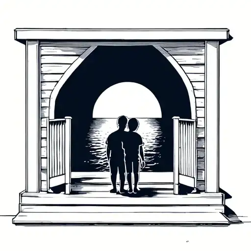 Father Son Silhouette Sitting On A Porch Looking At The Ocean And Sunset In A Minimal Style