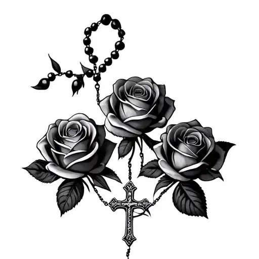 3 Roses In A Row With A Rosary With A Cross Wrapped Around The Roses