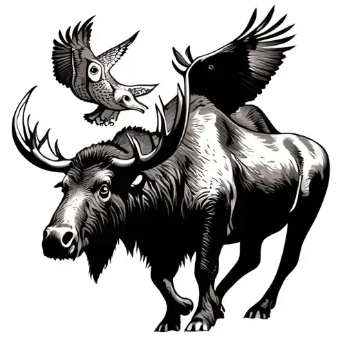 Buffalo Moose Walking Together With Owl Flying Over