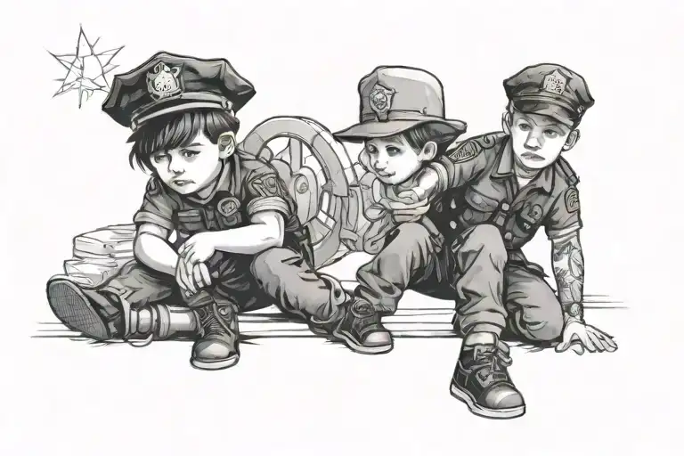 Fine Line Little Boy With Police Officer Hat And Little Girl In Handcuffs