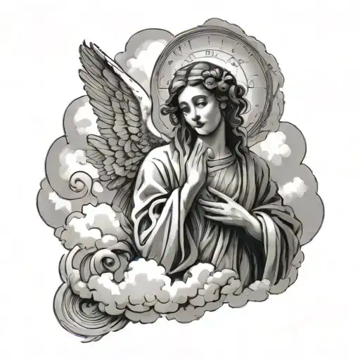 A Smoke San Maria Emerging From The Clouds Above A Angel Image Of San Maria Praying Angles Around