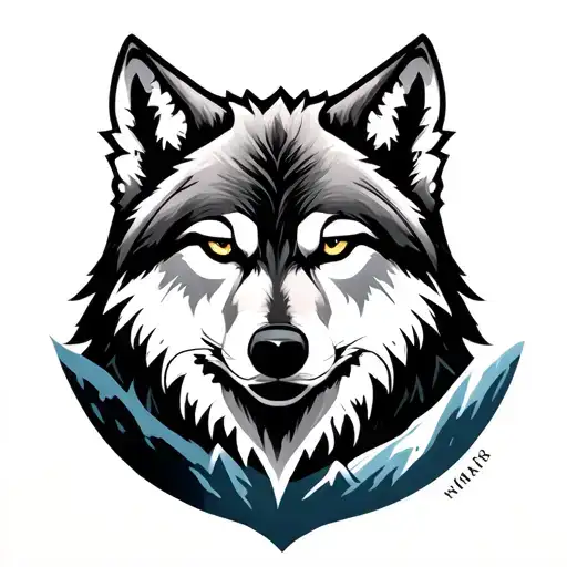 Lone Wolf On A Moutain Range Outline With Crescent