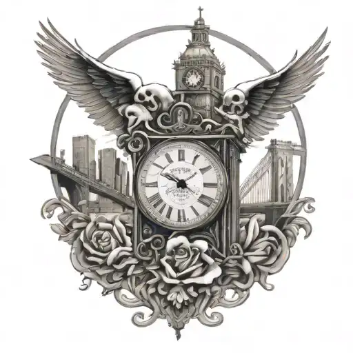 Big Ben Clock And Brooklyn Bridge And Skeleton Key And Baby Angel
