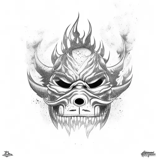 An Oni Mask Engulfed In Flames With Snowboard Tracks In The Background