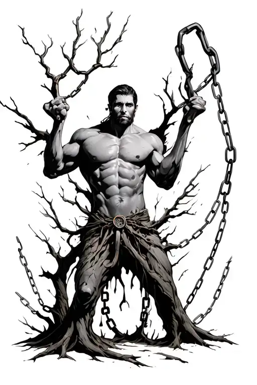 Fwith Chains Breaking And Bursting Standing Next To A Tree