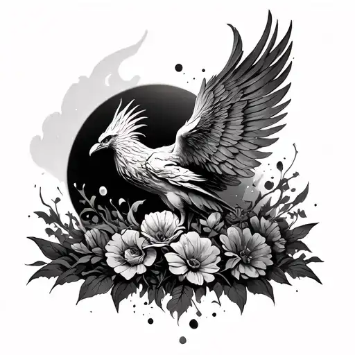 Phoenix Rising From The Ashes And Flowers Growing