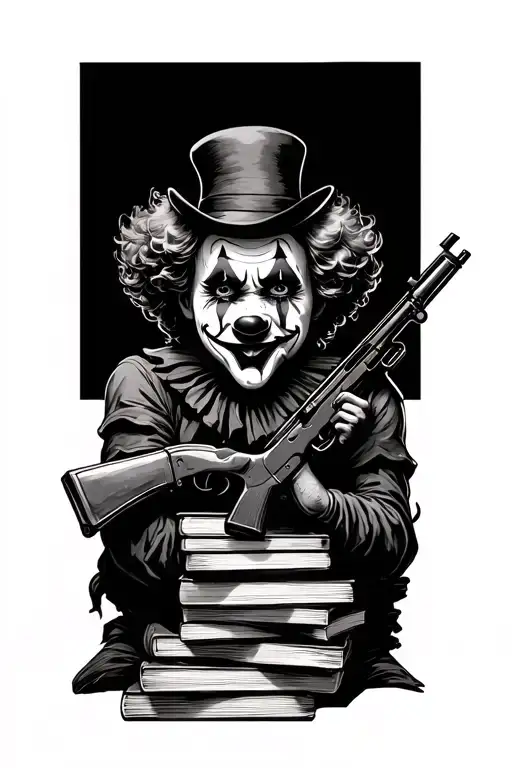 Happy Clown And Sad Face With Cuid With Ak47 On A Pile Of Books