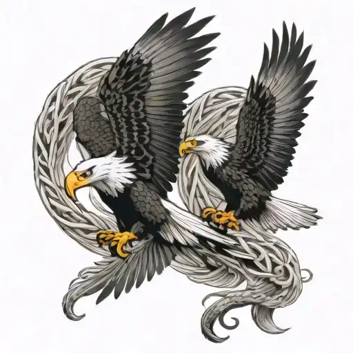 Bald Eagle And Mexican Eagle Flying Fighting Over A Snake