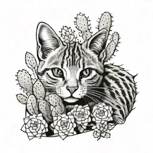 Grey Tabby Named Ivy Cacti In Background Black And White