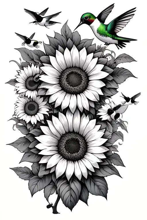 Sunflower Hummingbirds And Bumblebees Hovering