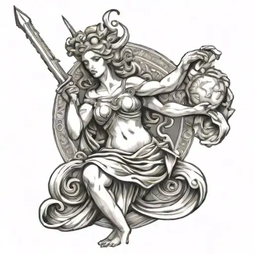 Goddess Venus Walking And Carrying A Sword In One Hand