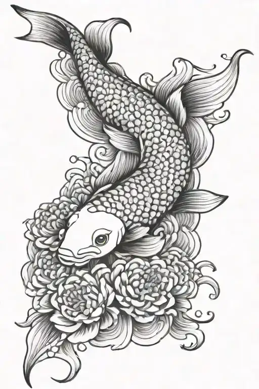 Koi Fish Swimming With Chrysanthemum Flowers And Japanese Waves