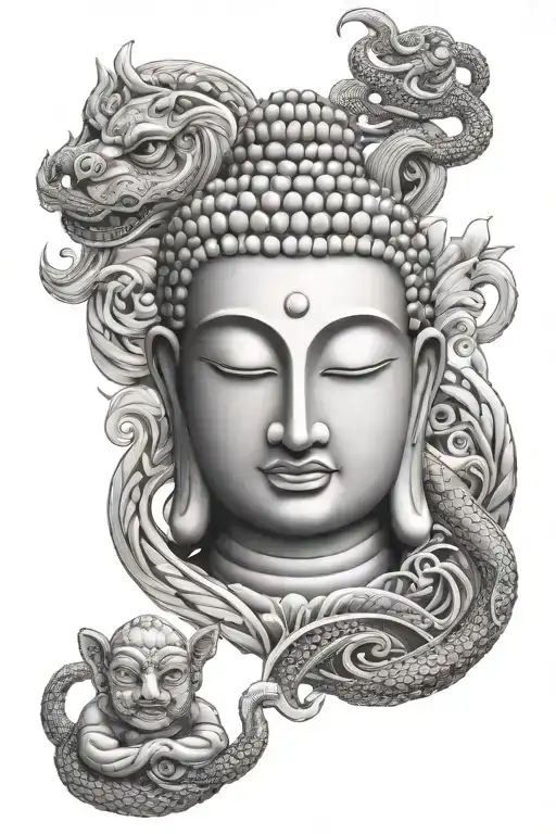 Buddha With A Cobra And Falling Masks