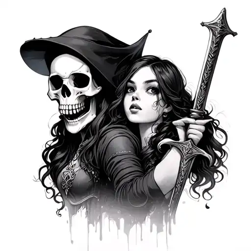 Skull And Girl Holding Sword