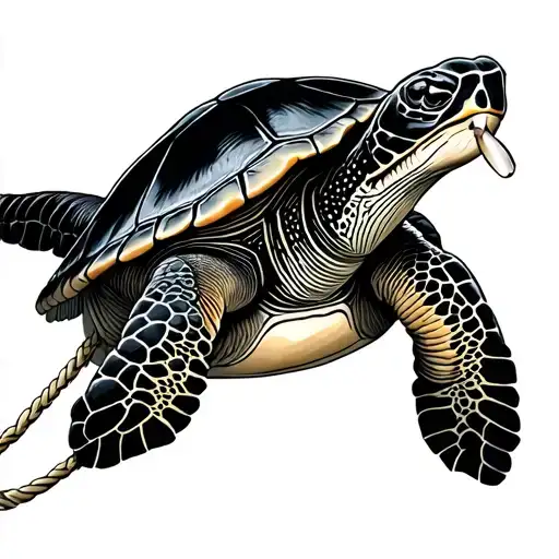 Sea Turtle From Birds Eye View Holding A Rope In His Mouth