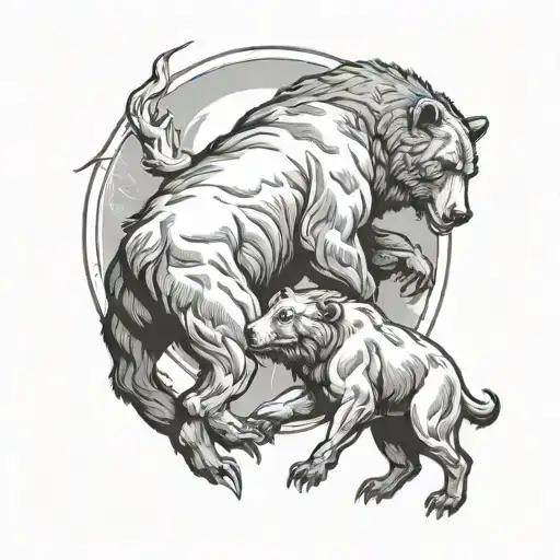 Bear Fighting A Bull With A Full Moon