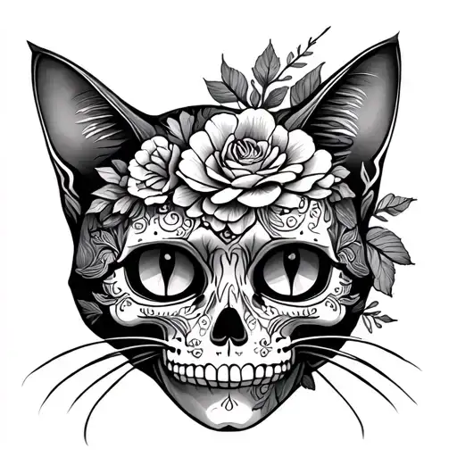 Traditional Floral Skull Cat