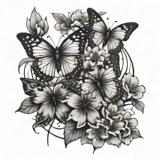 Butterflies With Sakura Flowers Surrounded By Several Black Streaks