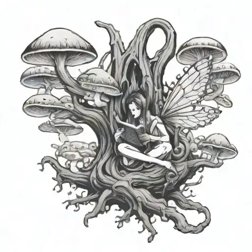 Fairy Sitting In A Tree Reading A Book In The Moonlight Surrounded By Mushrooms
