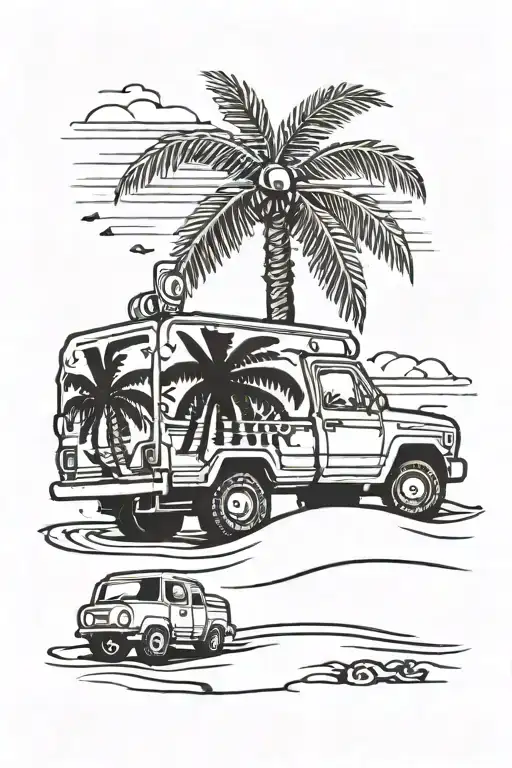 Beach With Sand Sunset Palm Tree With Toy Truck In Sand