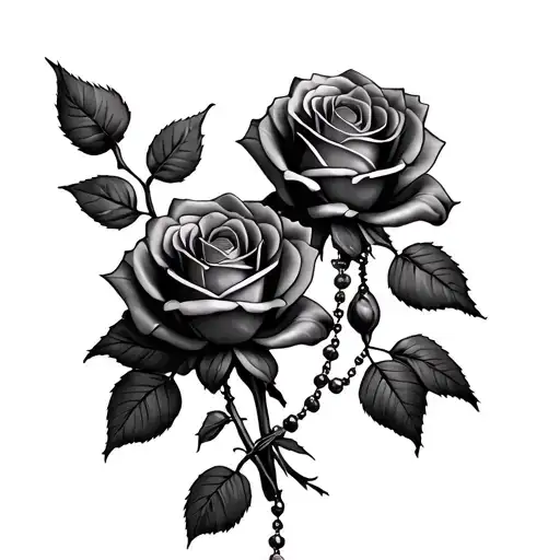 3 Roses In A Row With A Rosary Wrapped Around The Roses