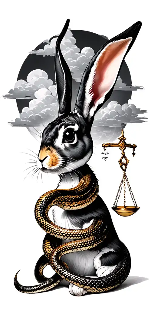 Rabbit With Snake And Aries And Libra And Clouds As The Back Ground Full Sleeve