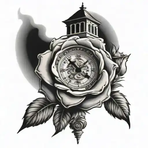 A Church Clock Tower With Two Roses Intertwined