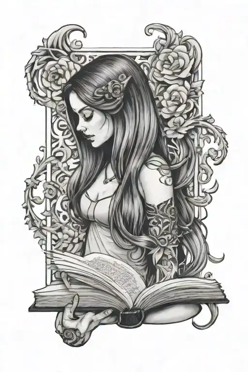 Girl With Long Hair Tattoo Holding Open Book Open In Front