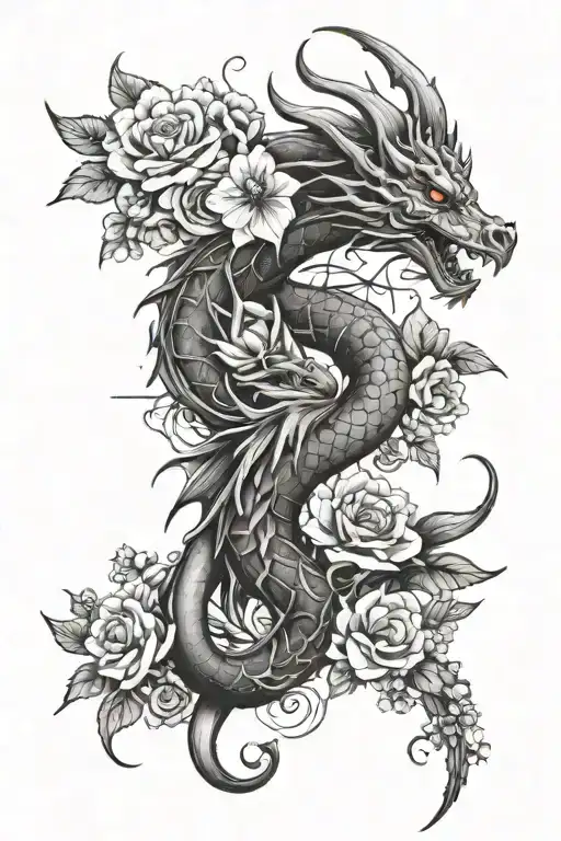 Feminine Gothic Dragon Spine Tattoo Design Featuring Flowers