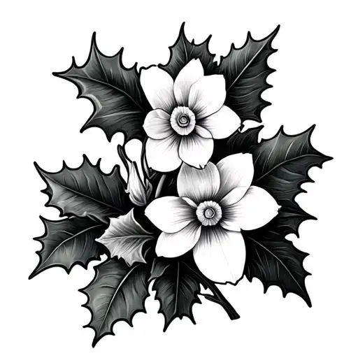 Black And White Narcissus Flower With Holly And Larkspur Flower Tattoo Design Minimal