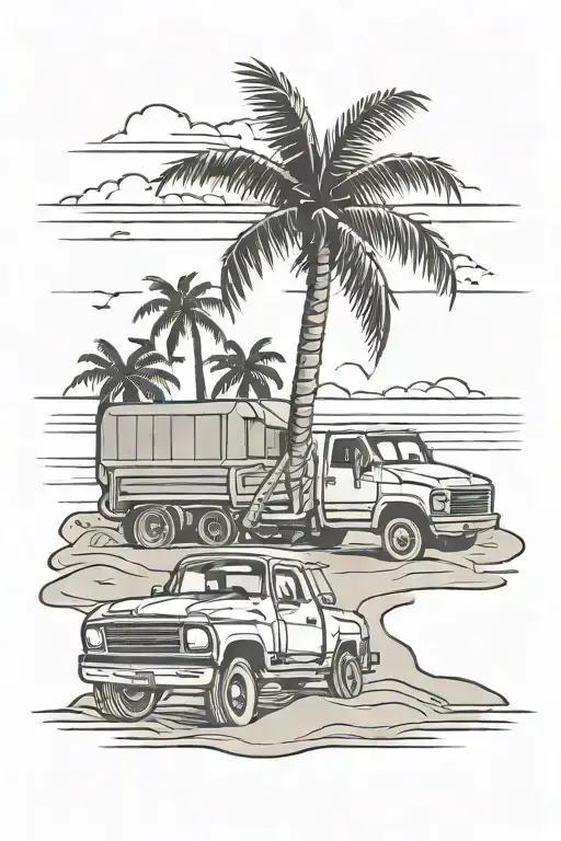 Beach With Sand Sunset Palm Tree With Toy Truck In Sand