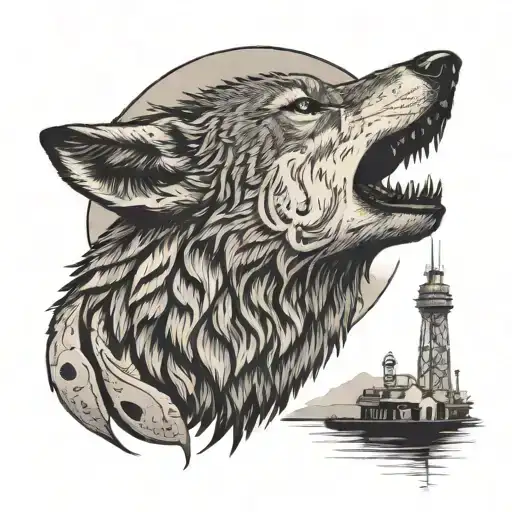 Metal Style Wolf Head Howling At The Moon And Sutro Tower