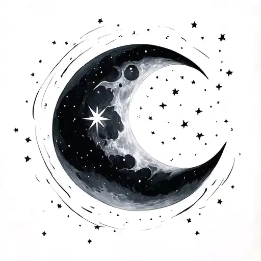 Crescent Moon Looking Left To The Only Star In The Sky