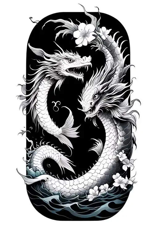 Kio Fish And Dragon Sleeve With Waves And Cherry Blossoms