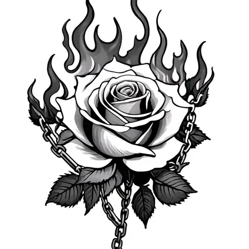 A Rose With Flames On Each Petal With Chain Wrapped In Vines And Leaves