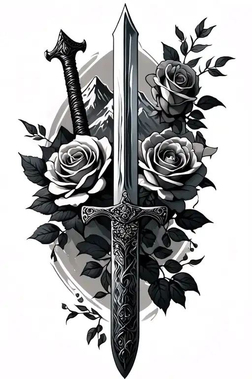 Sword With One Side Mountains And Other Side Roses