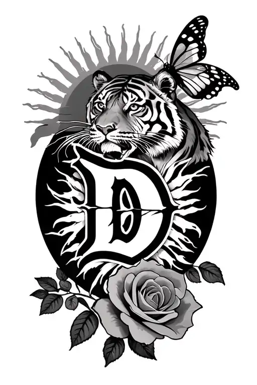 Tree Witg Detroit Tiger Old English D And Rose Butterfly And Sun In The Background
