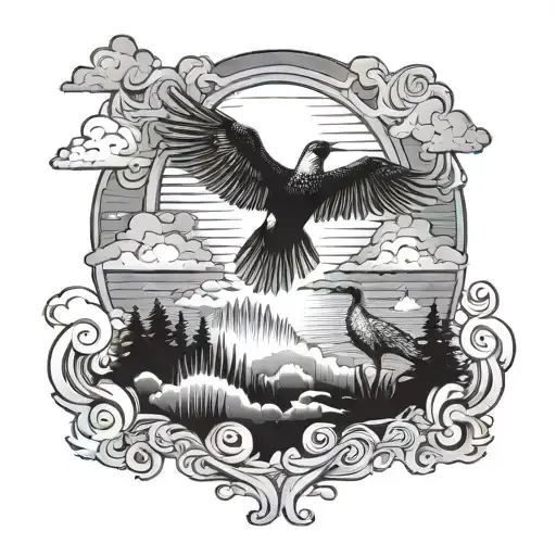 Sun Rise With A Loon Flying In The Clouds With Adam And Eve Creation Hands Shaded In It