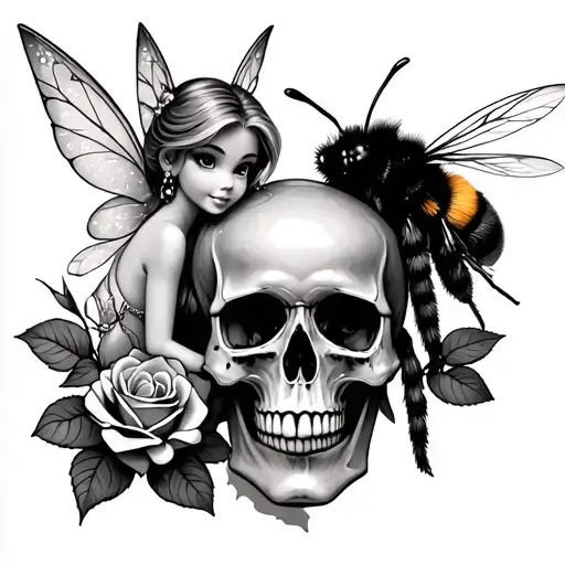 Tinker Bell And A Bumblebee And Roses And A Skull Soft Shading