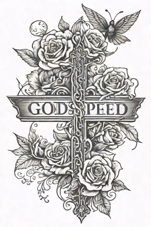 Dainty Spine Tattoo With Word Godspeed With A Cross And Flowers
