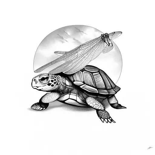 Tortoise In Nature With Dragonfly