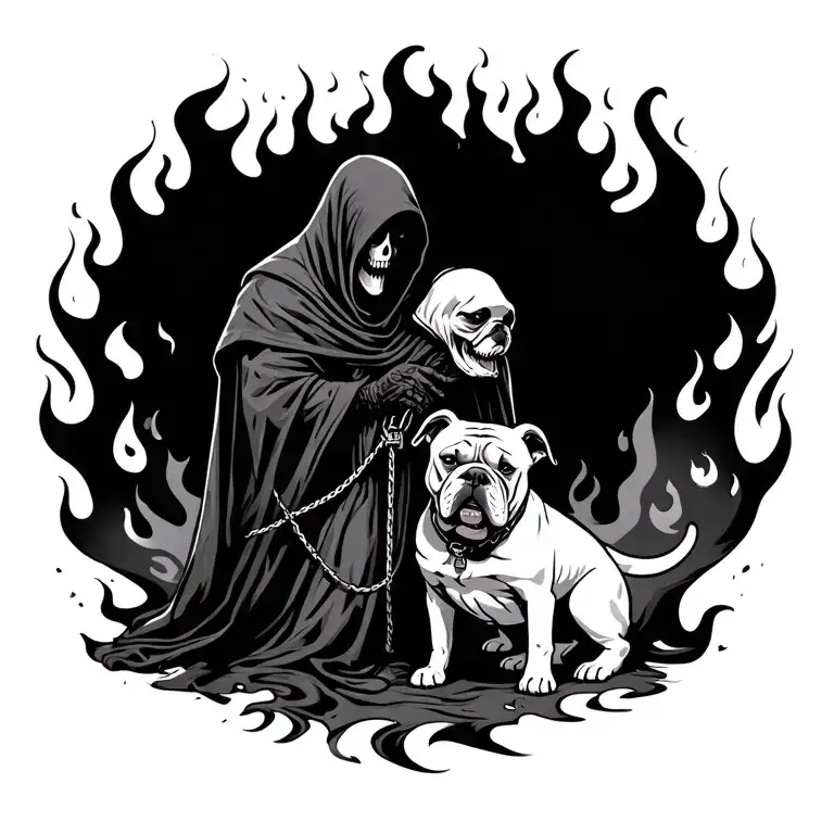 Grim Reaper Holding Leash To White Bulldog Both Sorrounded By Flames