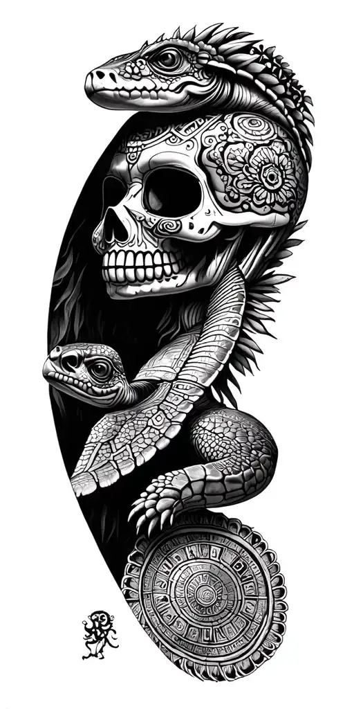 Sugar Skull And Sea Turtle And Iguana And Mayan Calendar And Ruins