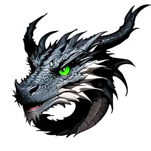 Black And Grey Wyven Dragon With Bright Green Eyes