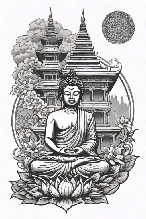 Mandala Design With Buddha And Temple Of Budhist In Back Of Buddha